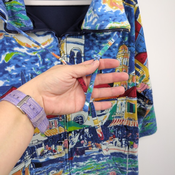 Michael Leu Art to Wear Jacket Zip Up XL Unique Colorful Print Coastal Village - Picture 5 of 8
